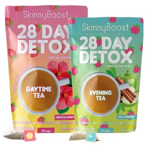 SkinnyBoost 28 Day Detox Tea Kit-1 Daytime Hibiscus (28 Bags) 1 Evening Apple Cinnamon(14 Bags) Non GMO, Vegan, All Natural, Green Tea and Herbal Teas for Natural Detox and Cleanse, Reduce Bloating Cover