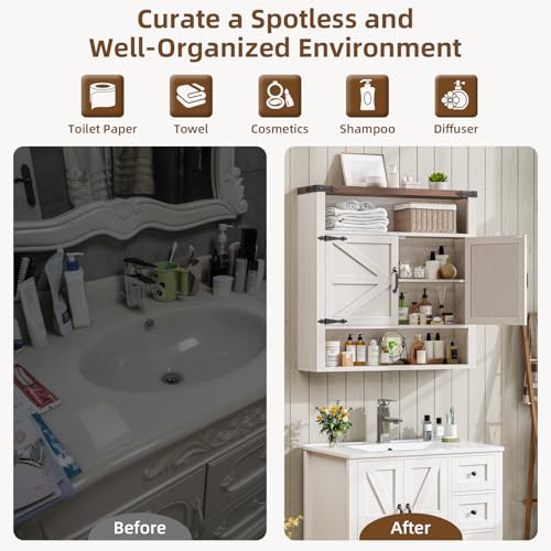 Image of Bathroom Wall Cabinet, Farmhouse Medicine Cabinet with Adjustable Shelves and 2 Barn Doors, Wall Mounted Over the Toilet Storage Cabinet for Bathroom, Laundry Room, Kitchen, Rustic White and Brown