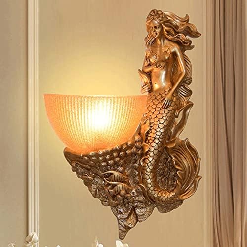 CukYi Glass Lampshade Mermaid - Wall Lamp European Style TV Wall Living Room Wall Lamp Sconce Resin Bedside Lamp - Art Glass Aisle LED Wall Lantern Single Head E14 Gold Wall Light,Muurbevestiging Licht photo 2