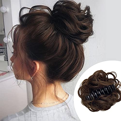 Risbel Claw Clip in Hair Bun Messy Curly Clip in Claw Hair Hairpieces Curly Wavy Ponytail Hairpieces Hair for Women Girls synthetic hair extension hair extension, women's hair piece(Dark Brown)