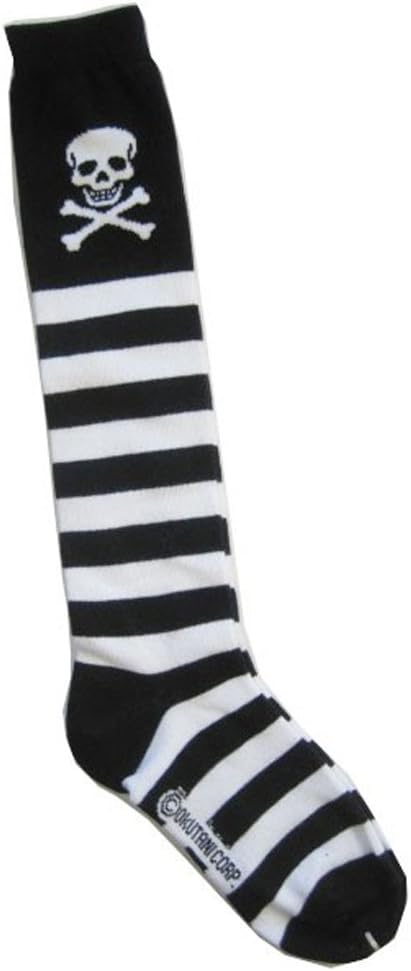 Skull & Crossbones Knee High Socks Black and White Stripe Women Skater
