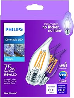 Phillips' PHILIPS 75W BA11 Dimmable Edison Glass LED Candle Light Bulb Bent Tip Medium Base Daylight (5000K) (3-Pack)