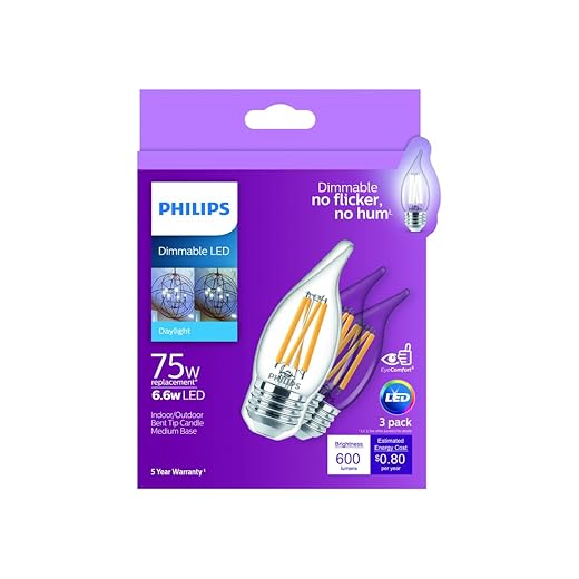 PHILIPS Phillips 75W BA11 Dimmable Edison Glass LED Candle Light Bulb Bent Tip Medium Base Daylight (5000K) (3-Pack)