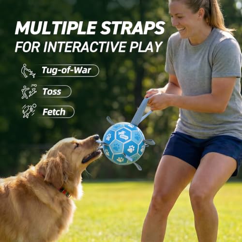 Image of QDAN Dog Soccer Balls Toys : Premium Dog Soccer Ball with Straps, Outdoor Dog Toys, Pet Training Soccer for Medium Large (7 Inch)