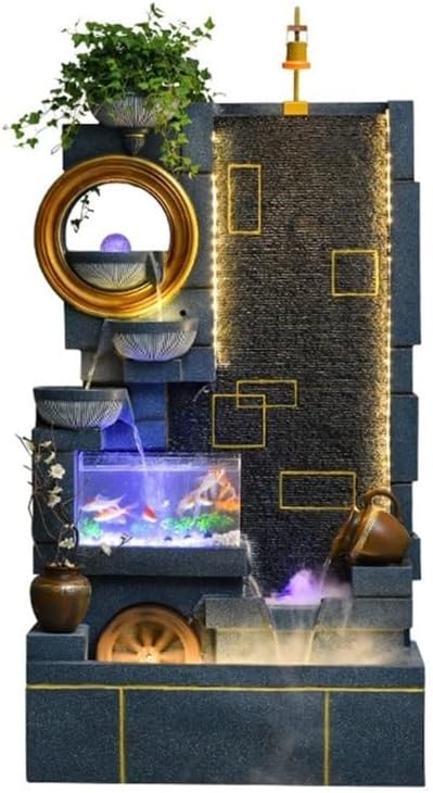 Waterfall Fountain， Indoor Leisure Fountain Waterfall with Fish Tank and Plant Misting Humidifier, Floor Standing for Home and Bedroom Decoration(Blue)