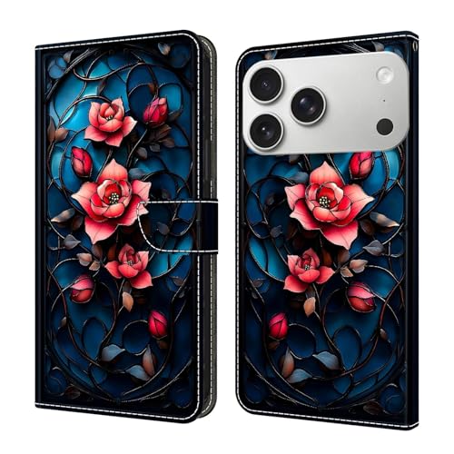 Housse iPhone 15 rose cramoisi étui cuir portefeuille clapet