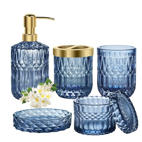 Ensemble d'accessoires de salle de bain en verre bleu, ensemble d'accessoires de salle de bain 5 pièces, distributeur de savon pour lavabo de salle de bain,...