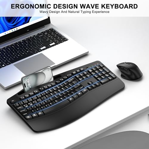 Wireless Keyboard and Mouse Combo, 2.4G Full Size Wave Keys Ergonomic Keyboard with Wrist Rest, Phone Holder, 3-Level DPI Adjustable Wireless Ergonomic Mouse for Windows, Mac Desktop/Laptop/PC(Black) - Image 2