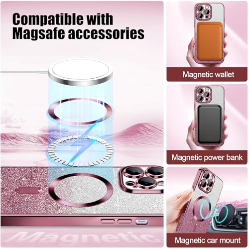 Image of Misscase for iPhone 15 Pro Magnetic Glitter Case Compatible with MagSafe,Camera Lens Protector Full Protection Elegant Anti-Scratch Dust-Proof Net Case Cover for iPhone 15 Pro Pink