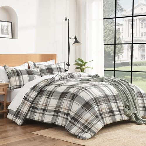 Image of Andency Gray Brown Black Plaid Comforter Set Queen(90x90Inch), 3 Pieces Grid Gingham Stripes Bedding Comforter Sets for Boys Girls Kids Teens, Preppy Geometric Line Soft Lightweight Reversible Bed Set