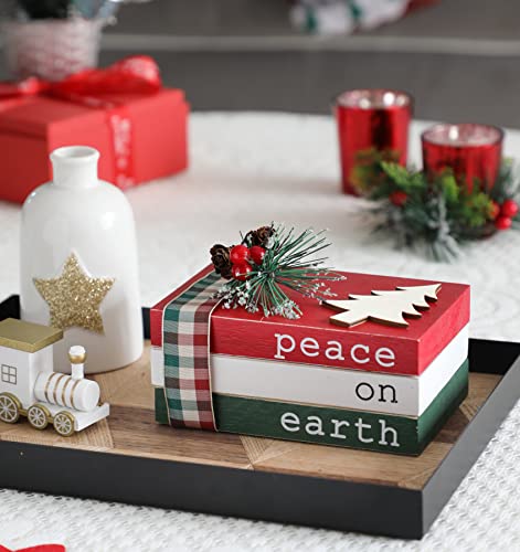 Christmas Wood Book Stack, Christmas Tiered Tray Decor, Peace On Earth Mini Faux Decorative Books With Pine Berry, Farmhouse Book Decor For Home Table Mantle Shelf #TOP3