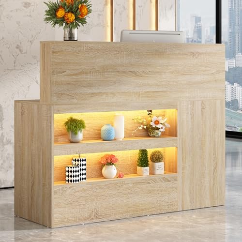 55' Reception Desk with LED Lights Power Outlets,L-Shaped Modern Front Table Reception Room Table...