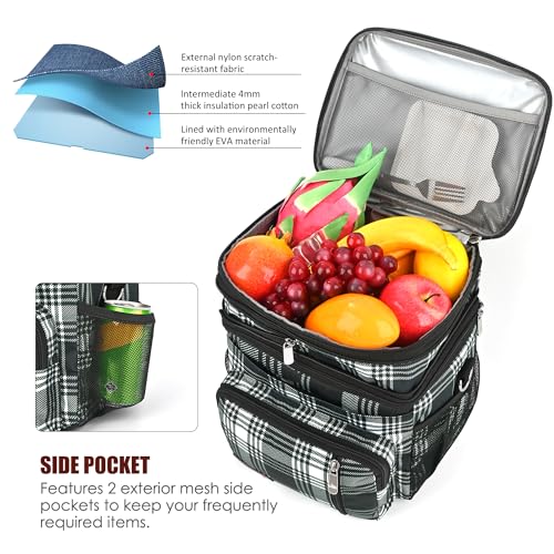 Image of MIYCOO Lunch Bag & Lunch Box for Women Men, Double Deck Leakproof Insulated Soft Large Adult Camping Cooler bag for Work, Beach, Picnic, Travel (Checkered Black and White, 15L)