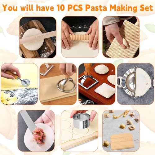 10 Stück Nudelbrett für Gnocchi und Garganelli Set,Nudelherstellungs Set mit Ravioli Stempel Ausstechern,Nudelhölzern GnocchiBrett Teigschneider Knödelmacher,Praktisches Zubehör zur Nudelherstellung