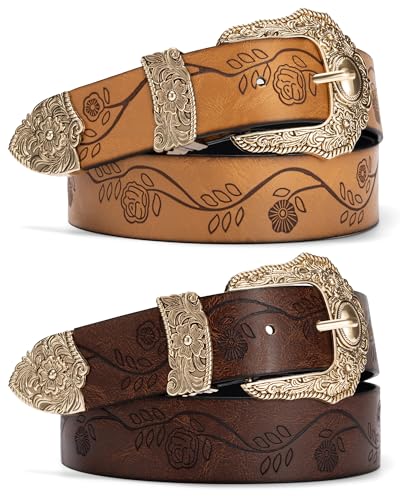 maikun 2 Pack Cowgirl Belts for Women Country Womens Western Belt for Jeans Pants Dresses Cowboy Style Engraved Buckle Size S