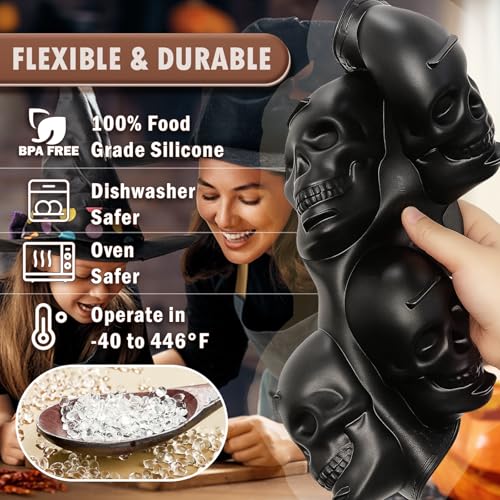 Image of HKNMTT Skull Silicone Baking Pan for Halloween Pizza Cake, 6 Cavities 3D Large Molds, Nonstick Skeleton Head for Soap Ice Tray Oven Safe