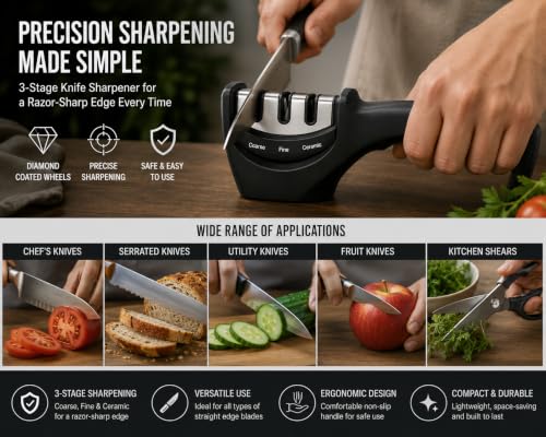 Image of 3 Kitchen Knife Set with Steel Cutting Board & Sharpener | Kitchen Knives Black Coted Stainless Steel Blade With Covers | 3 Slots Knife Sharpener | Food Grade Steel Chopping Board for Meat and Veggis