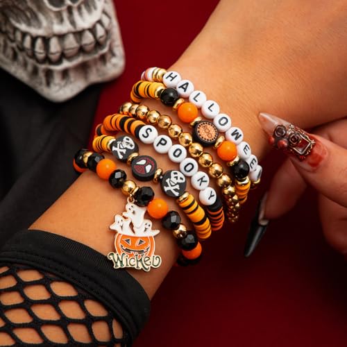 Halloween Heishi Bracelets Pumpkin Ghost Boo Surfer Stretch Bracelet Holiday Stackable Bracelet for Women Halloween Cosplay Jewelry Gifts3
