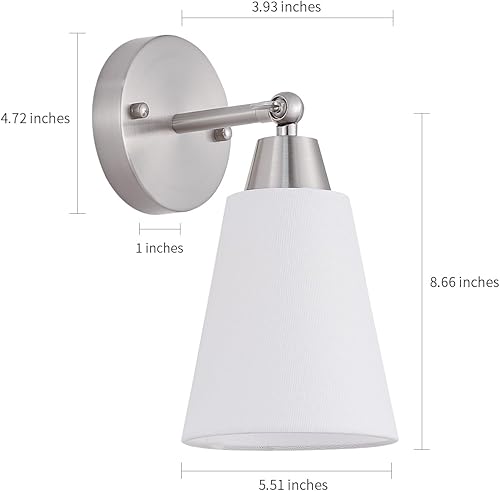 Miniatura 4 de Juego de dos apliques de pared de níquel cepillado, modernos apliques plateados con pantalla de tela blanca, accesorios de baño sobre espejo, luces