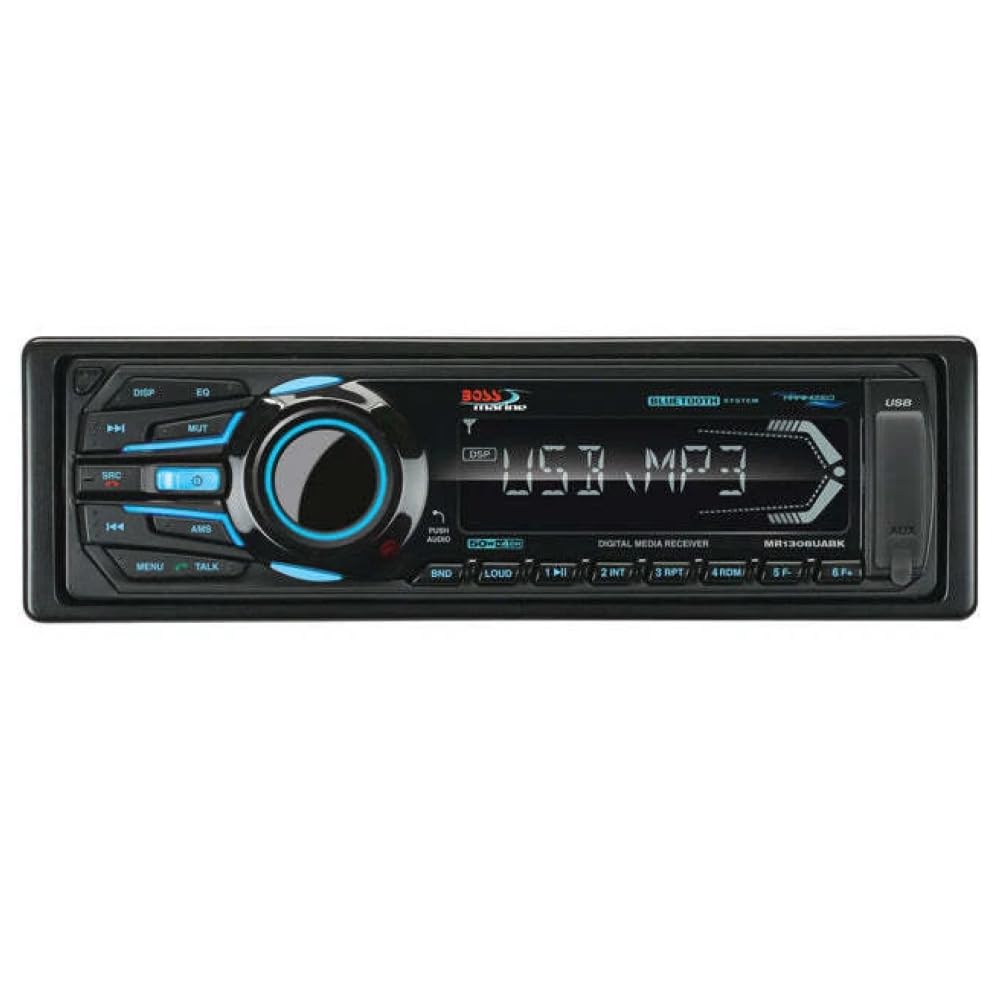 ZESTAW DO BOSS AUDIO SYSTEMS MR1308UABK, Radio single DIN, odbiornik AM/FM, stereo, AUX/USB/MP3, z Bluetooth, morskie, do łodzi i pontonów, czarne, 1 sztuka + akcesoria gratis