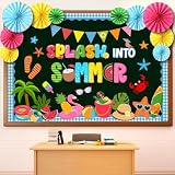 Eersida Summer Bulletin Board Decorations with Paper Fans 3D Classroom Bulletin Board Hawaiian Ocean Ice Pop Cutouts School VBS Library Church Window Wall Decor(Summer)