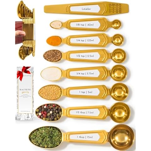 White and Gold Measuring Spoons with Leveler - Featuring 8PC Upgraded Style, Dual-Sided, Stackable, Stainless Magnetic Measuring Spoons Set - Fits in Spice Jars, White and Gold Kitchen Accessories Cover