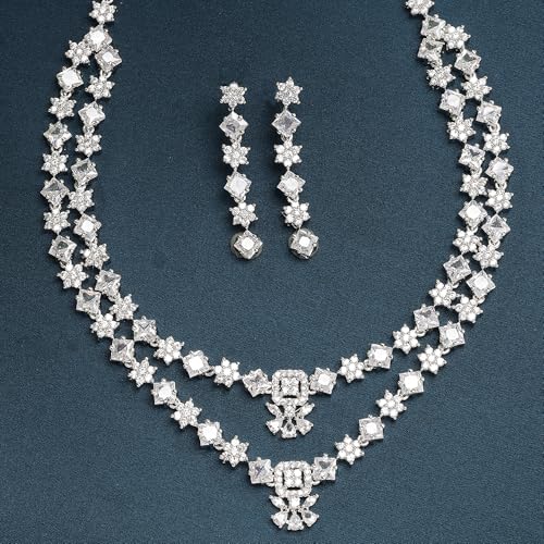 Image of ZENEME Rhodium-Plated American Diamond Studded Star Shaped Layered Necklace With Earrings Jewellery Set For Girls and Women