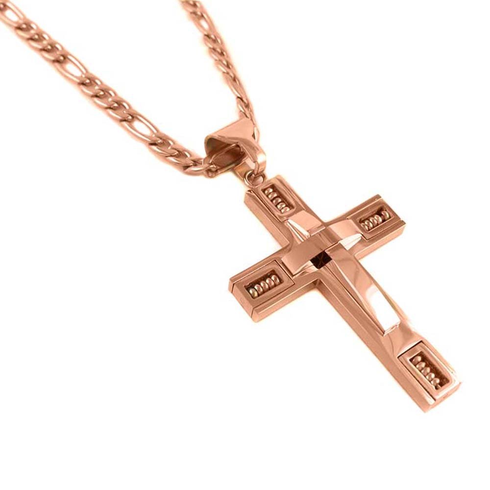 Yeidid InternationalMens Stainless Steel Rose Gold Pendant Cross Necklace with 24 Inch Figaro Chain