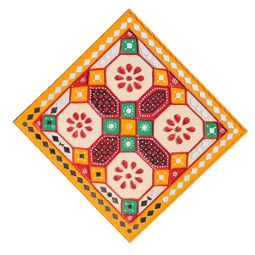 Image of Ethnics of Kutch Traditional Kutch Handicraft Mud-Mirrorwork Lippan Kam Wall Art (Water and Break Resistant) - Square (12 inch x 12 inch) - (Yellow LKT-0284)