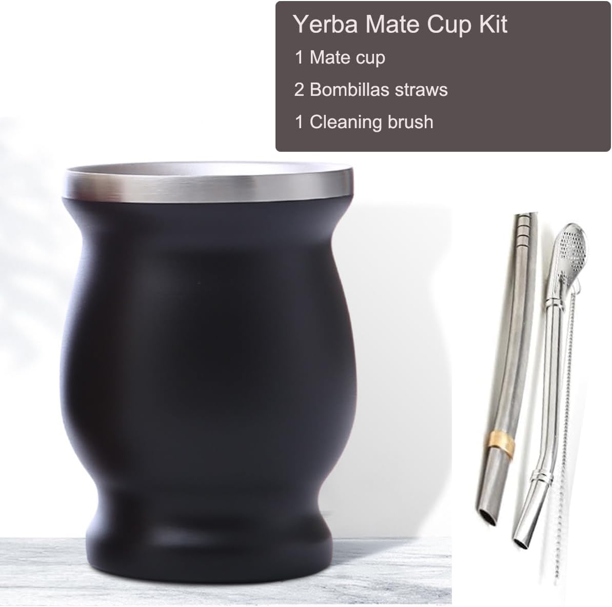 Yerba Mate Gourd Set,8oz Stainless Steel Tea Cup Yerba Mate Cup Kit,Double-Walled Yerba Mate Cup Set Gourd Set Includes 2 Bombillas (Straw) & Cleaning Brush,Black