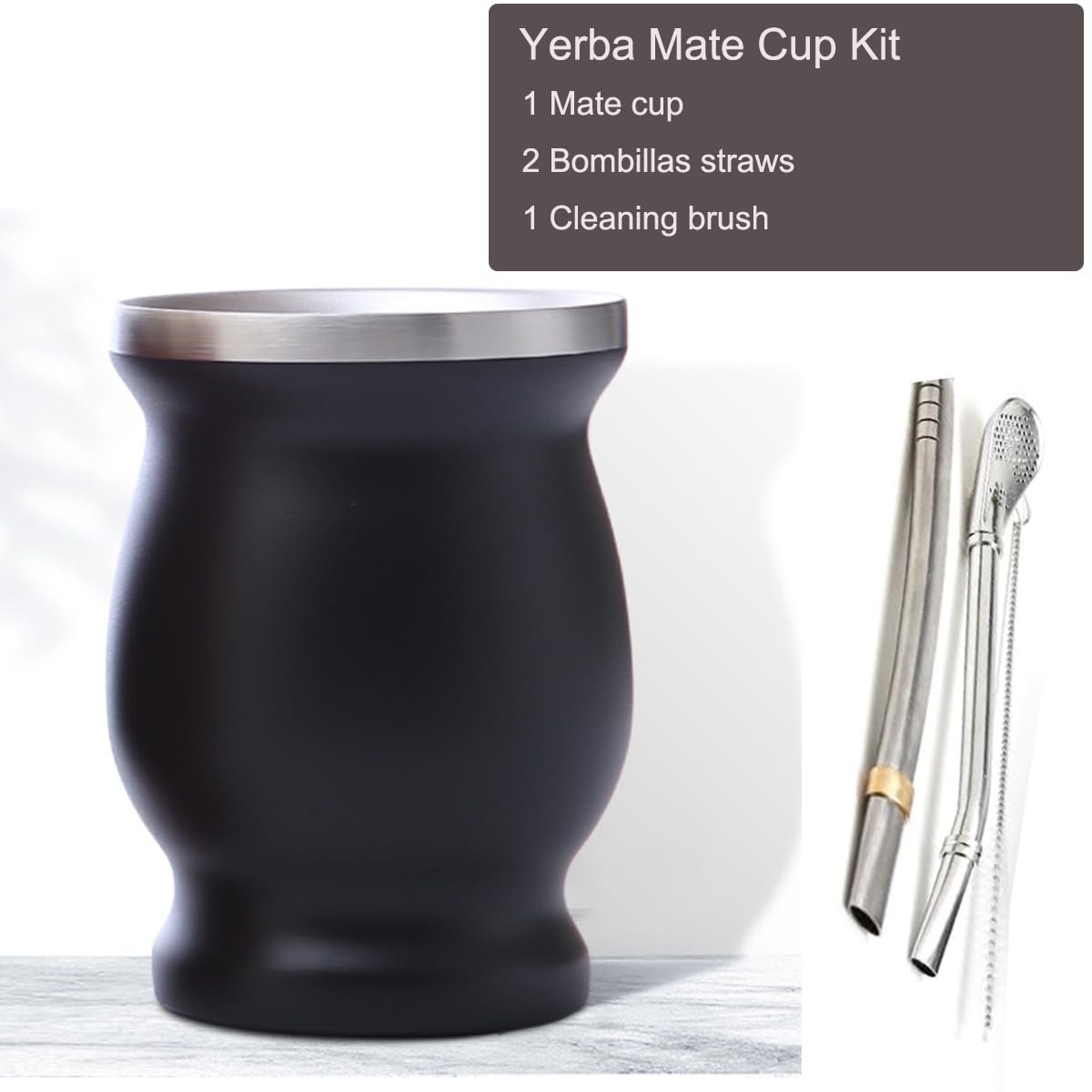 Yerba Mate - Set di tazze da tè in acciaio inox, 226,8 g, include zucca Mate, 2 Bombillas (paglia) e 1 pennello, nero