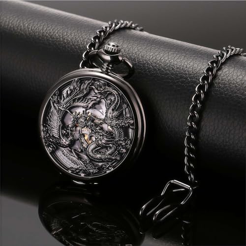 Image of ManChDa Antique Mechanical Pocket Watches for Men Lucky Dragon Phoenix Pocket Watch with Chain Skeleton Dial Roman Numerals Gifts for Fathers Day