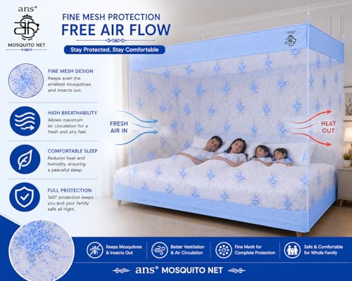 Image of ANS Premium Hanging Mosquito Net for Bed | XXL 6.5 x 10 ft | Blue Floral Design | Fine Mesh Protection | Free Air Flow | Cotton Border | Ideal for Large Size Bed & Joint of Single & Double Bed
