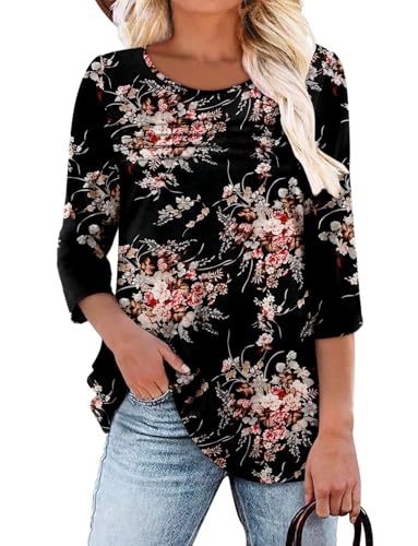 KISSMODA Women's Casual 3/4 Sleeve T-Shirts Round Neck Cute Tunic Tops Basic/Pleated Summer Tops Trendy Spring Blouses