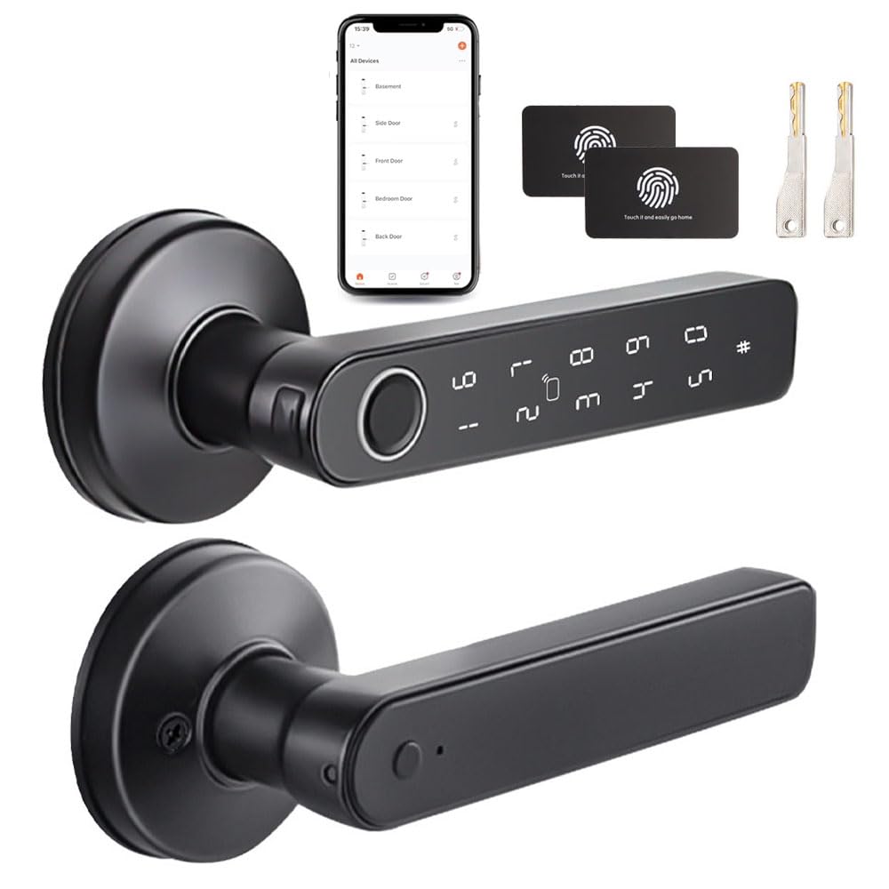 NEWFUN Cerradura Puerta Exterior Inteligente，Cerradura Con Huella Digital，Cerradura Wifi，Con llave, tarjeta llave, APP Bluetooth para cerraduras de puertas, resistente al agua para puertas de 35-50 mm