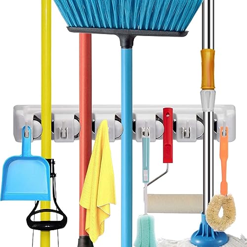 SKY-TOUCH Mop And Broom Holder Wall Mounted Organizer Mop And Broom Saving Space Storage Rack For Kitchen Garden And Garage Laundry Offices 5 Position With 6 Hooks ( Big Size )