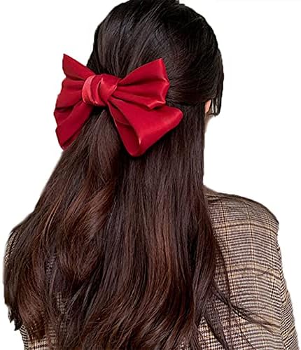 Large Bow Hair Clip Barrette Hair Bows Satin Solid Handmade Hair Clips Barrettes for Thick Hair Accessories for Women Girls Red Hair Bow French Style Barrette Hair Clips
