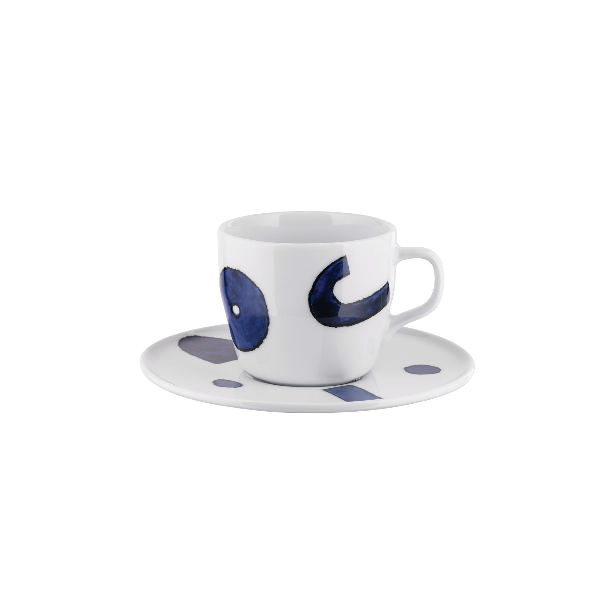 Alessi Itsumo - Yunoki ware NF08/78S designerski zestaw filiżanek do herbaty ze spodkiem, minimalistyczna estetyka, z białej porcelany z dekoracją Samiro Yunoki, średnica 16 cm