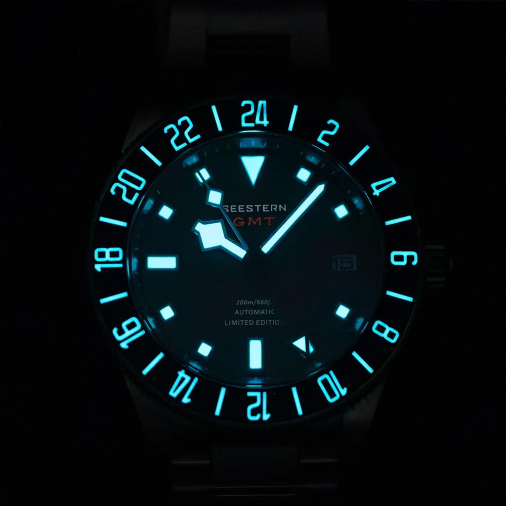 Seestern S462 Automatik Titan GMT Schwarz Datum Saphir 24h Herrenuhr, blau, Armband