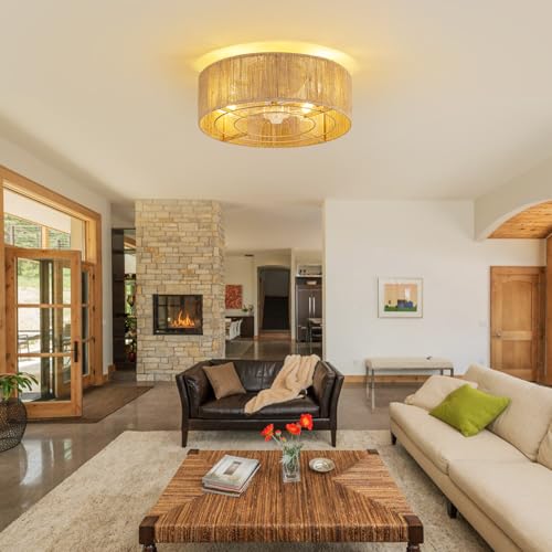 Image of Cage Ceiling Fan with Light,Rattan Ceiling Fan with Light and Remote Control,Enclosed Low Profile Caged Design, 6 Speed Quiet Reversible Motor for Bedroom, Living Room, Porch, Nursery