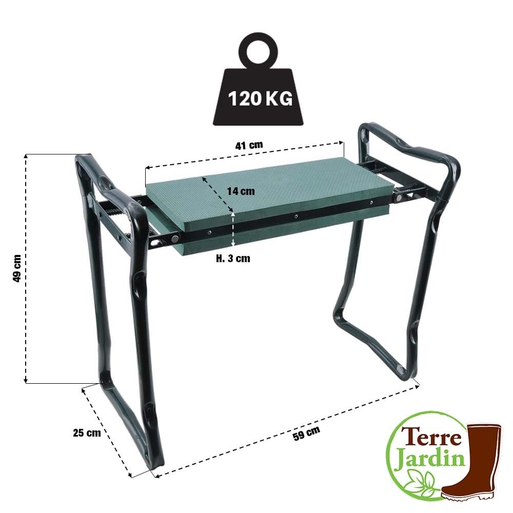 TERRE JARDIN Tabouret de Jardin Pliable 2 en 1 avec Agenouilloir - Siège de Jardin avec Coussin Mousse - Support Ergonomique pour Jardinage, Désherbage et Potager