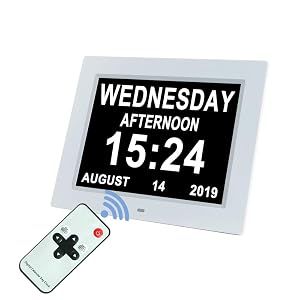 Aowasi Upgraded 10 Inch Digital Day Calendar Clock Auto-Diming 8 Alarms Options Extra Large Non-Abbreviations Dementia Impaired Vision