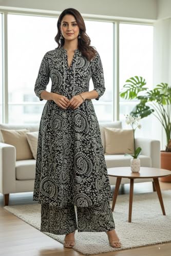 Image of ???? Women s Cotton A-Line Kurta Palazzo Set | Printed Ethnic Co-Ord Set for Office Wear & Festive Look | Comfortable Breathable Fabric Kurti Pant Set for Women, Regular Fit