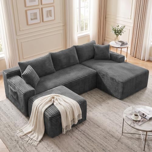 Image of Boneless Couch, U-Shape Corduroy Sectional Sofa, Grey