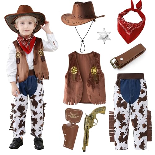 Hengrongshen Deguisement Cowboy Enfant, Costume de Shérif pour Enfant avec Chapeau de Cowboy, Gilet, Foulard et Accessoires de Cowgirl, Costume de Carnaval,...