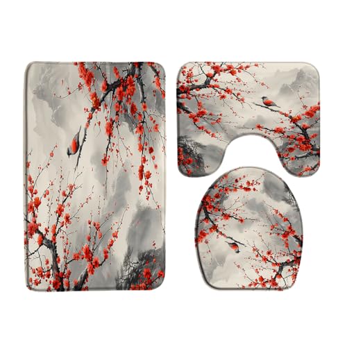 AYDSMYD 3 Piece Red Floral Bath Mat Asian Japanese Cherry Blossom Flower Bird Misty Mountain Art Traditional Ink Bathroom Bathtub Floor Rugs Absorbent Doormat Toilet Decor
