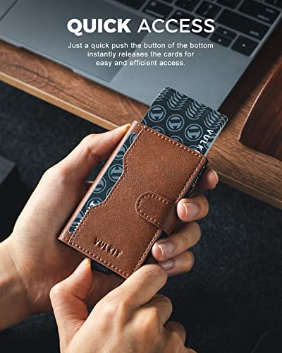 Image of VULKIT Slim Bifold Pop up Wallet Minimalist Leather Card Holder RFID Blocking Metal Card Case with ID Window for Women | with Leather Slots