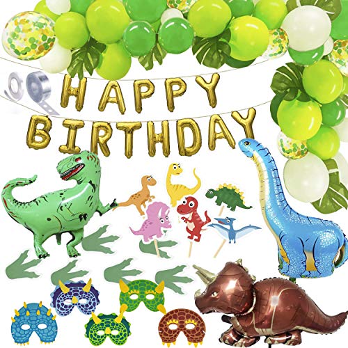 Belec Dinosaur Party Decorations Dinosaur Party Supplies For Dinosaur Birthday, Banner & Dinosaur Balloon Arch Includes Large Dinosaur Balloons, Palm Leaves, Masks, Cake Toppers & Dinosaur Foot Prints