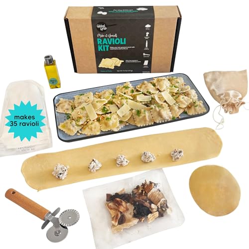 Global Grub DIY Ravioli Making Kit – Make Your Own Pasta Kit at Home • Includes 00 Flour, Gourmet Mushrooms, Truffle-Infused Oil and + Pasta Cutter Wheel • Gourmet Pasta Gift