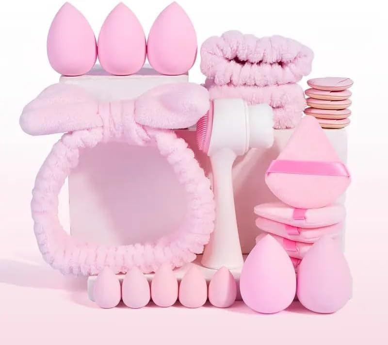 24pcs Spa Headband Make Up Sponge Set Women with Hair Band Cosmetics Comprehensive Skincare Headband Wrist Wash Band Set Including Soft Sponges & Facial Cleansing Brush for Beauty (Pink)